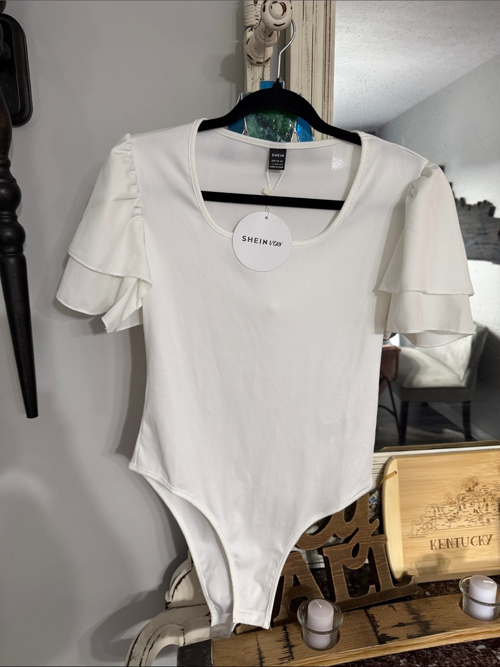 SHEIN White Ruffle Sleeve Scoop Neck Bodysuit